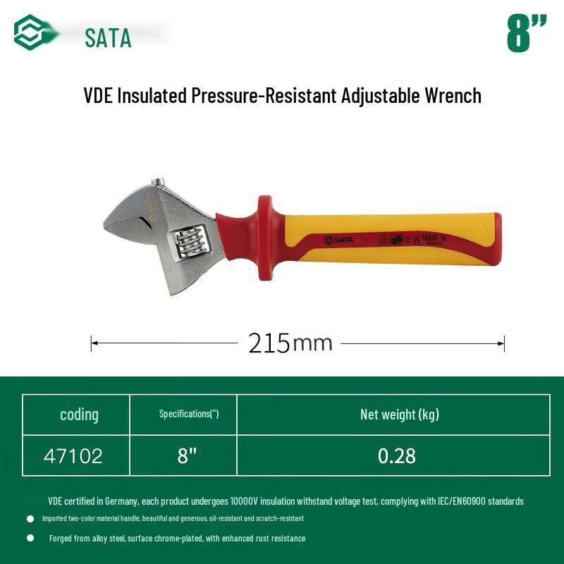SATA 47102 VDE Insulated Adjustable Wrench 8 Inch