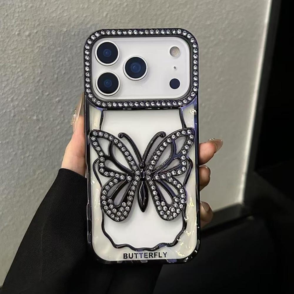 Plating Butterfly Hollow Glitter Diamond Case For iPhone 17 16 15 14 13 Pro Max Plus Bling Sparkling Rhinestone Shockproof Cover