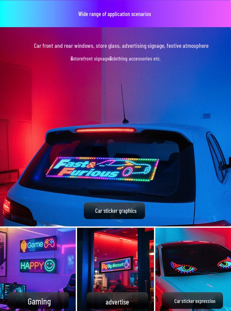 Smart LED Car Sticker: Full Color Flexible Display with Bluetooth Scrolling Subtitles for In-Car Advertising.