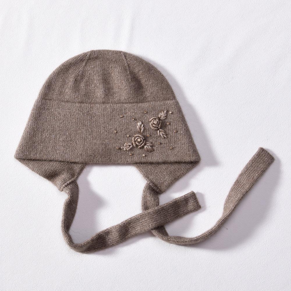 Autumn and winter new embroidered ear protector with diamond, warm wool hat, angora rabbit hair knitted hat