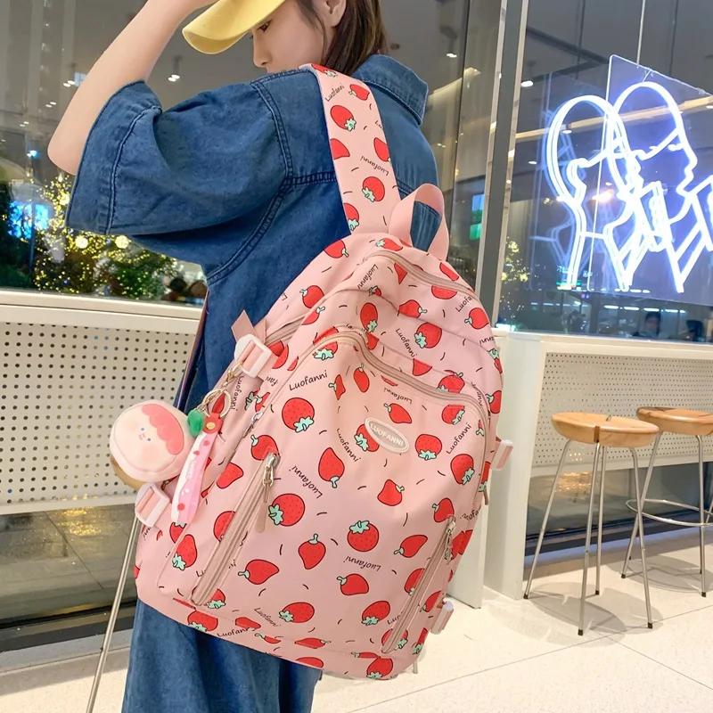 Cute Strawberry Print Girls' Schoolbag with Wide Shoulder Straps Spine Protection Lightweight Campus Backpack