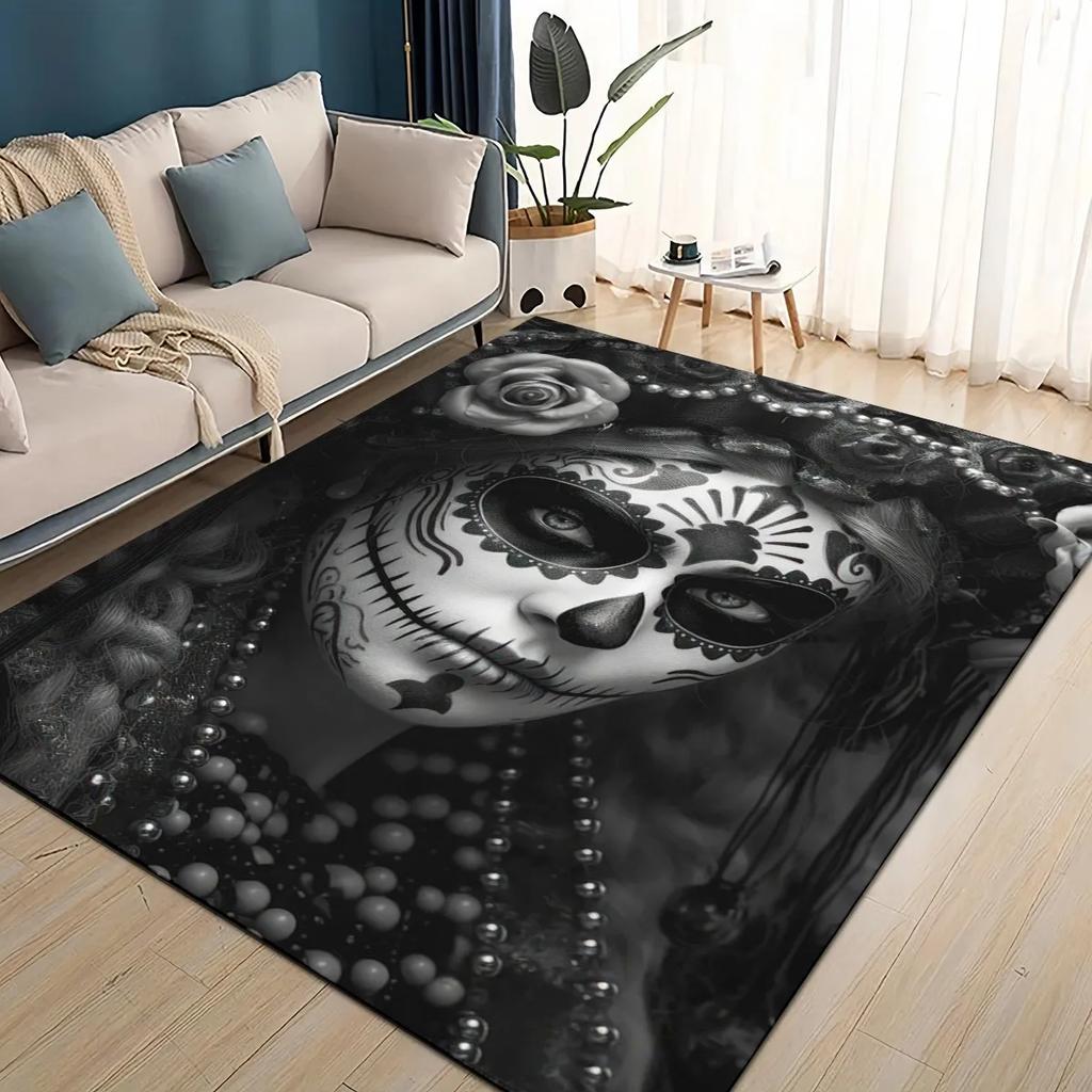 Covor Rug 3D Craniu Gotic Față Trandafir Femeie Desen Animat Groaznic pentru Sufragerie Dormitor Casă Decor Canapea, Covoraș de Podea Antiderapant pentru Copii