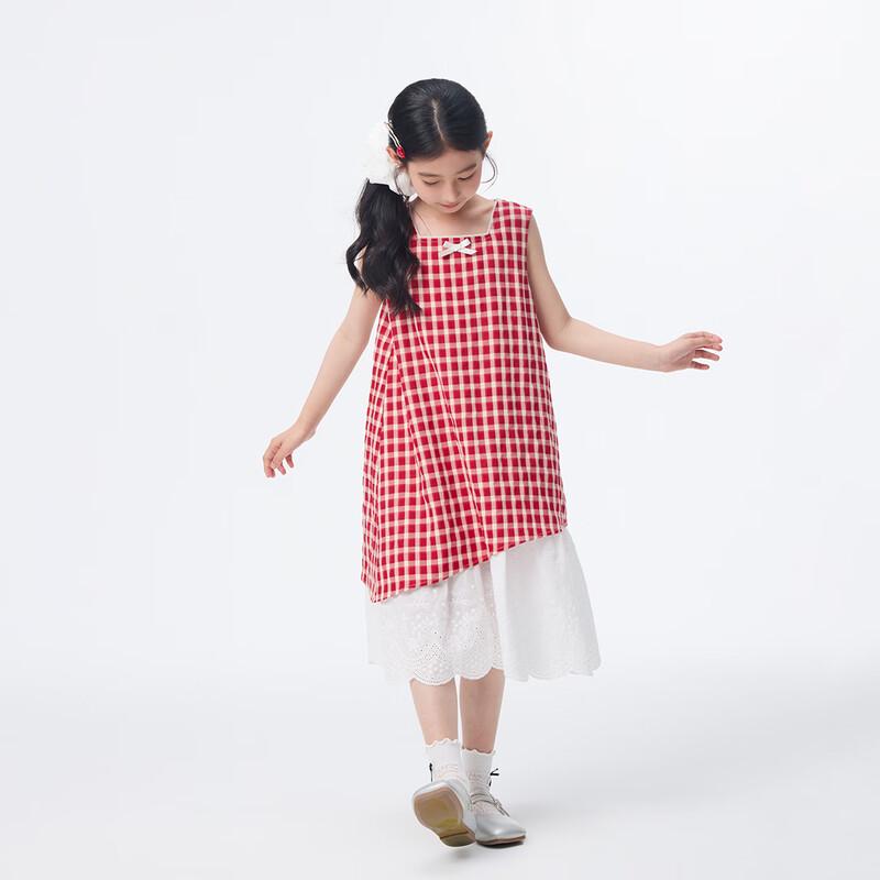 Xiao Yinman Red Plaid Sleeveless Suspender Dress for Girls 160