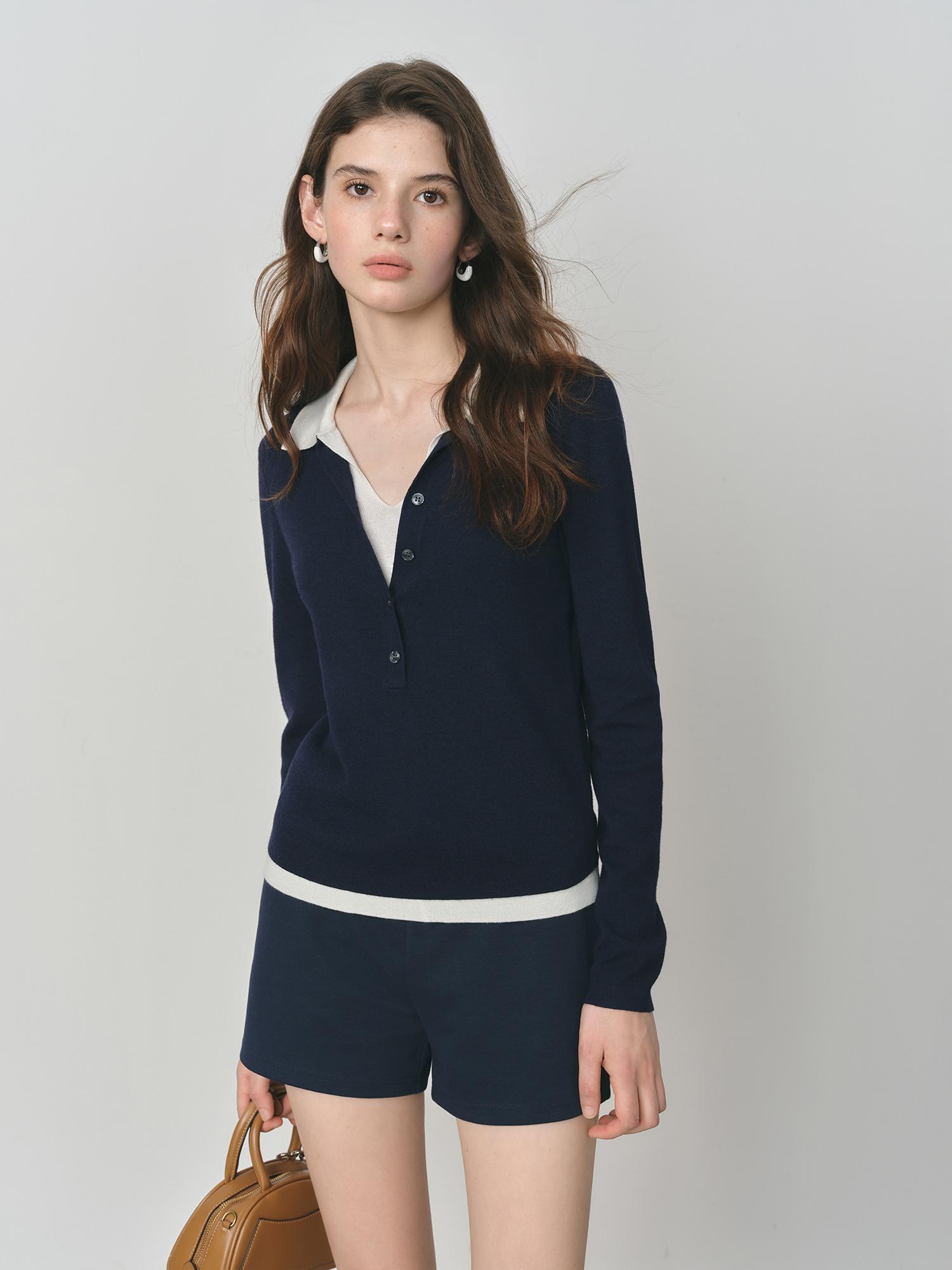 FSLE 2025 Новый Осенний Женский Вязаный Свитер Колорблок Стиль Барения Фальшивый Двойка Отложной Воротник Винтажный Уютный Топ Крупной Вязки XL темно-синий