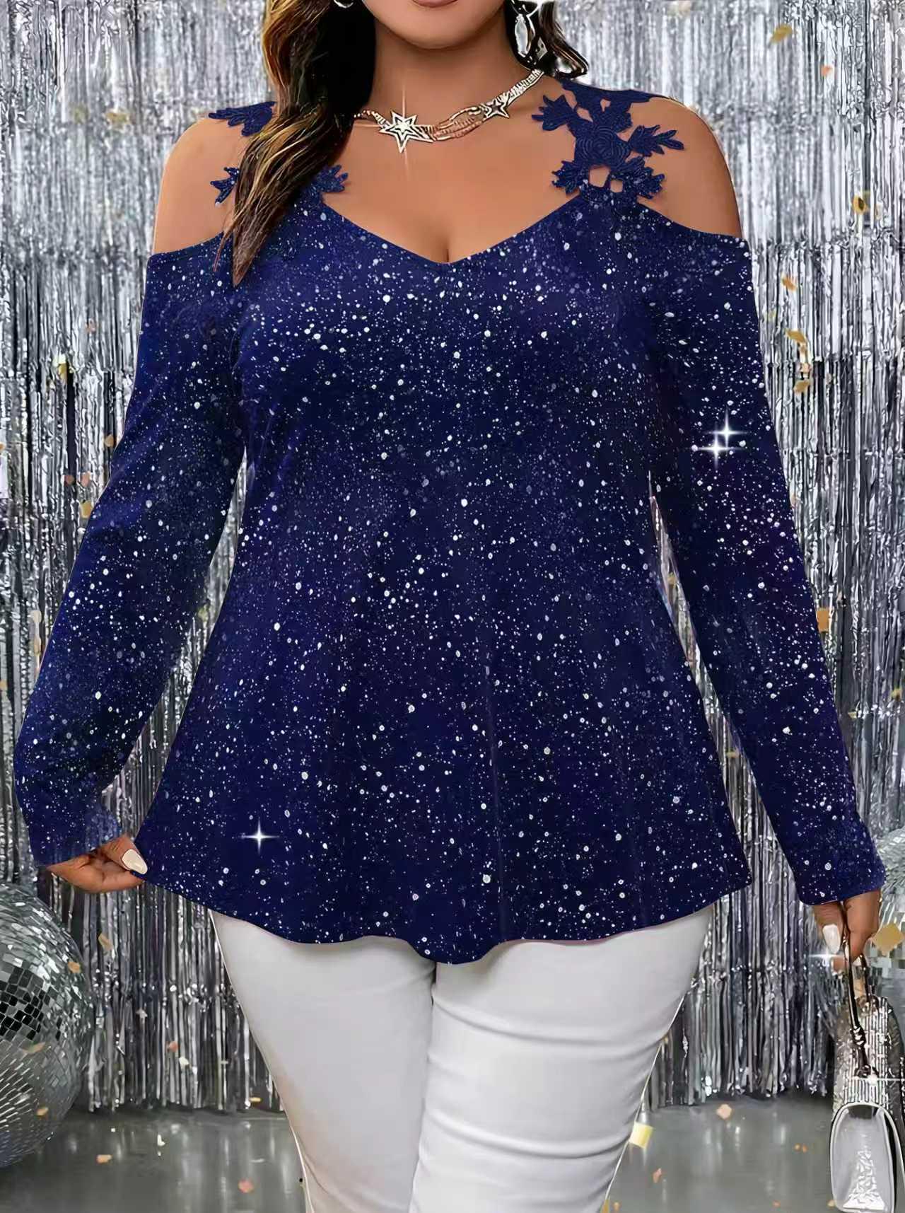 2026 Spring Plus Size Sexy V-Neck Top with Floral Shoulder and Long Sleeves 3XL темно-синий