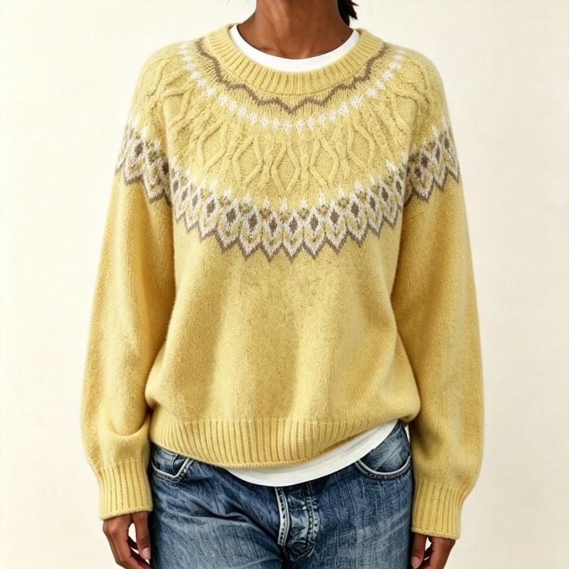 Womens Oversized Crewneck Knit Sweater With Fair Isle Colorblock Soft Acrylic Blend Loose Fit Winter