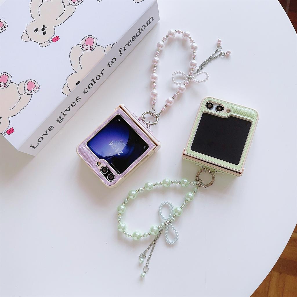 For Samsung Galaxy Z Flip7 FE 5G/Z Flip6 5G Case Hinge Protection Leather+PC Phone Cover with Beaded Phone Charm