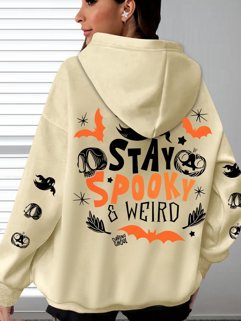 "Stay Spooky Weird" Halloween Themed Hoodies Women Men Fun Skull Pumpkin Letter Print Hooded Long Sleeve Halloween Hoodie
