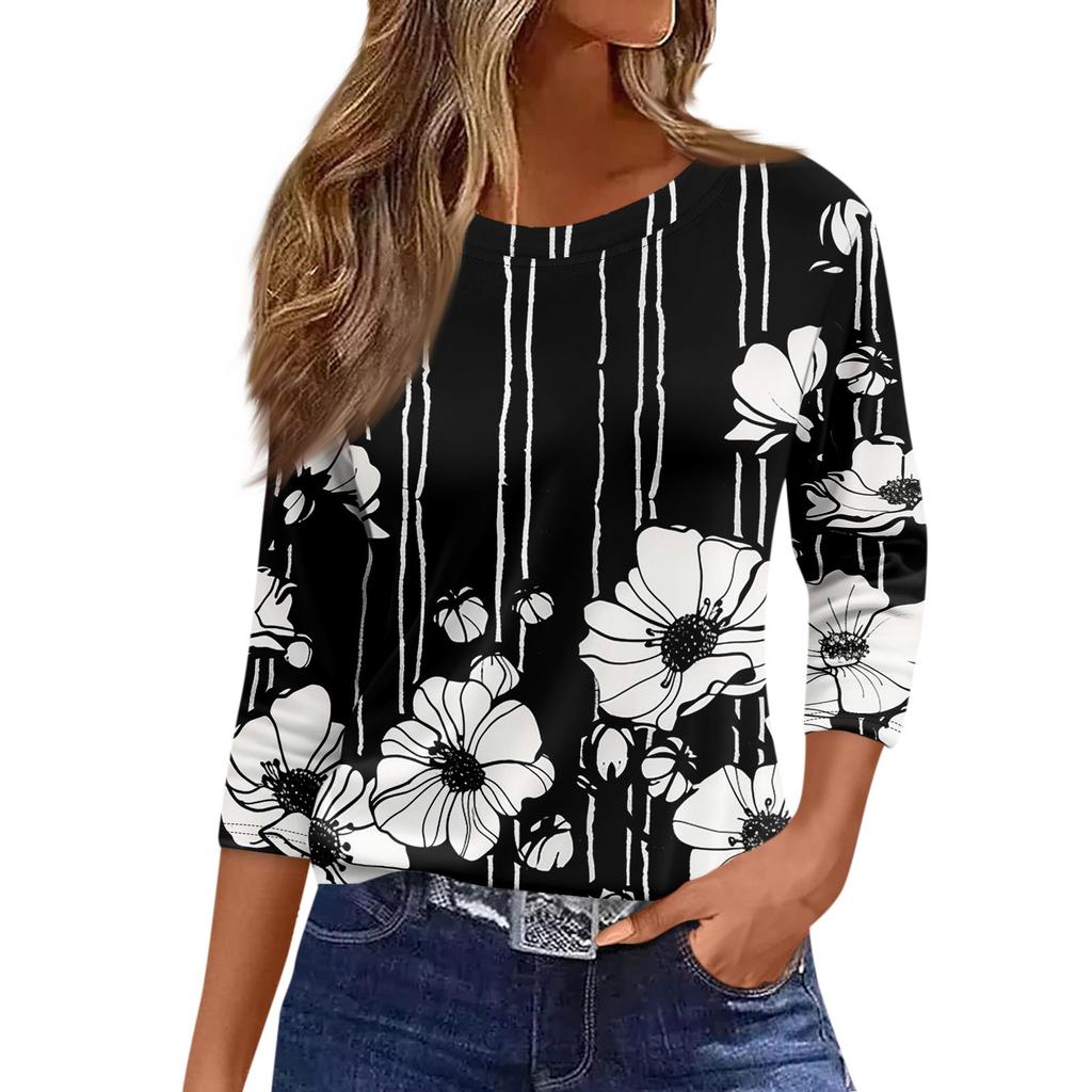 Kurzarm-T-Shirt 2024 Damenmode Lässig Rundhals 3/4-Arm Lockere Shirts Bedrucktes T-Shirt Damenoberteil Bluzki Damskie