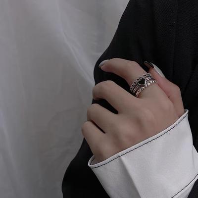 Retro Black Love Ring Niche Design Exquisite Wide Version Old Domineering Open Index Finger Ring Female Tide