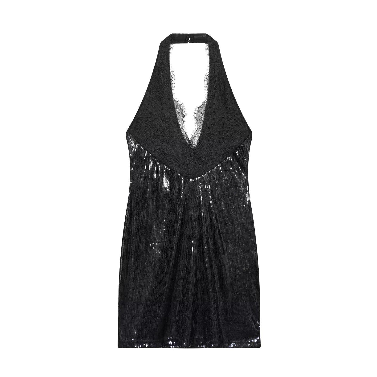 2025 Fashion Sequin Halter Neck Dress for Women - European and American Style Medium чёрный
