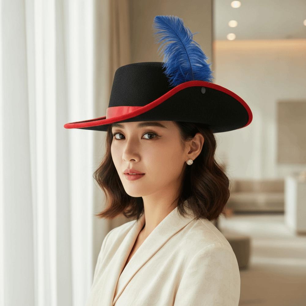 Wide Brim Cavalier Top Hat Felt Masquerade Headwear Cosplay Wide Brim Cap Feather Stage Cap  Party