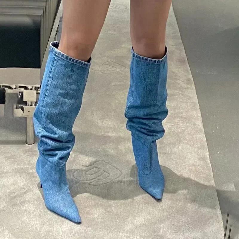 High Heel Long Tube Over Knee Folded Booties Women's Boots Autumn Winter Fashionable Sharp Pointed Toe Skinny Heel Jeans Boots