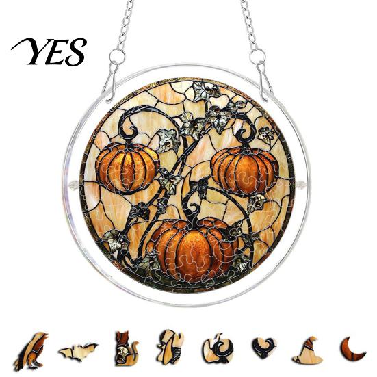 Transparent Stained Glass Halloween Acrylic Puzzle Decor, 2D Ghost Pumpkin Skeleton Hanging Sign, Faux Holiday Spooky Decorations for Party