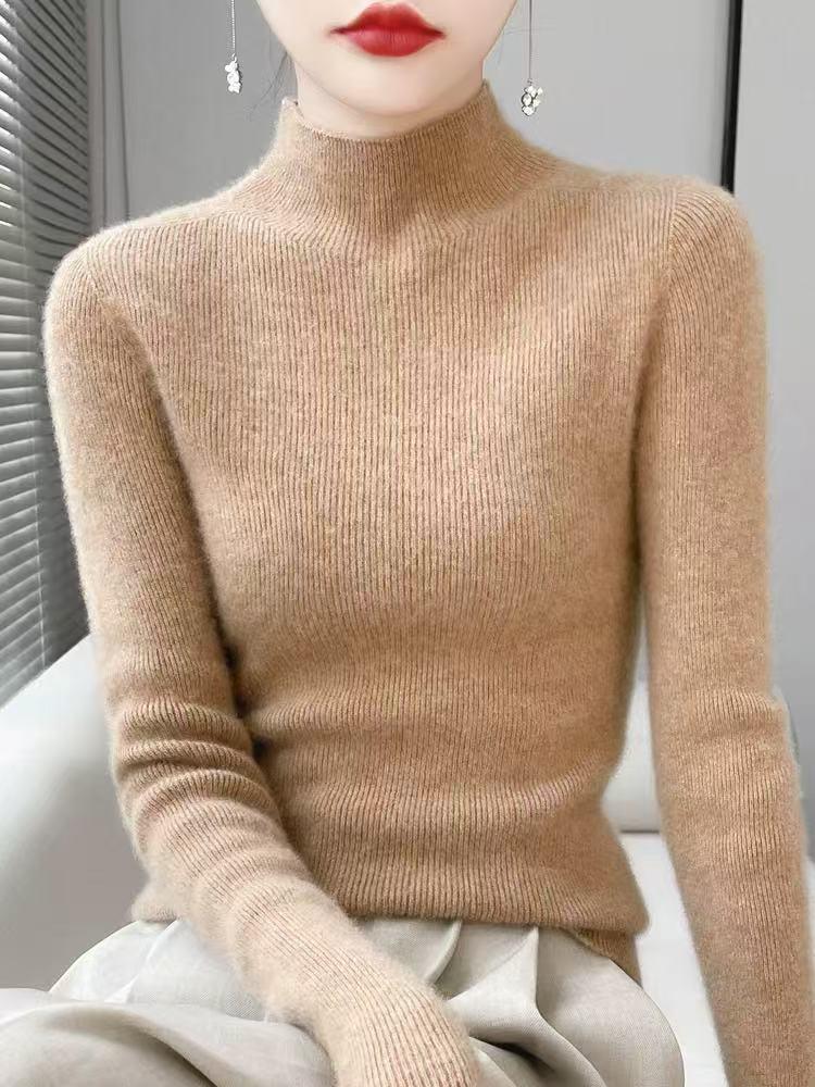 Women’s 2025 Autumn/Winter Pure Wool Sweater, Half-High Neck, Ribbed, Slim-Fit, Figure-Flattering with Cashmere Inner Layer