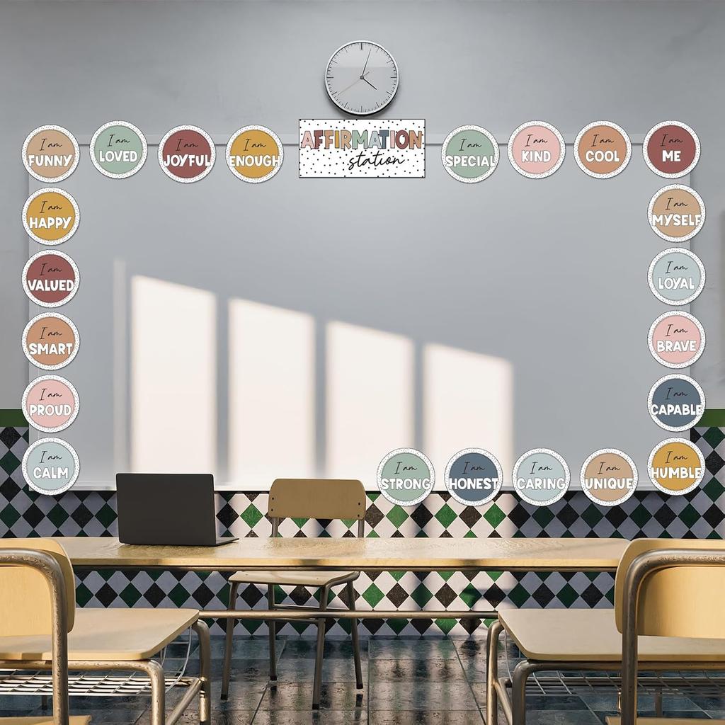 Boho Affirmation Station Bulletin Board Set Rainbow Positive Affirmations Bulletin Board Decorations for Classroom Mirror Wall Bulletin Board
