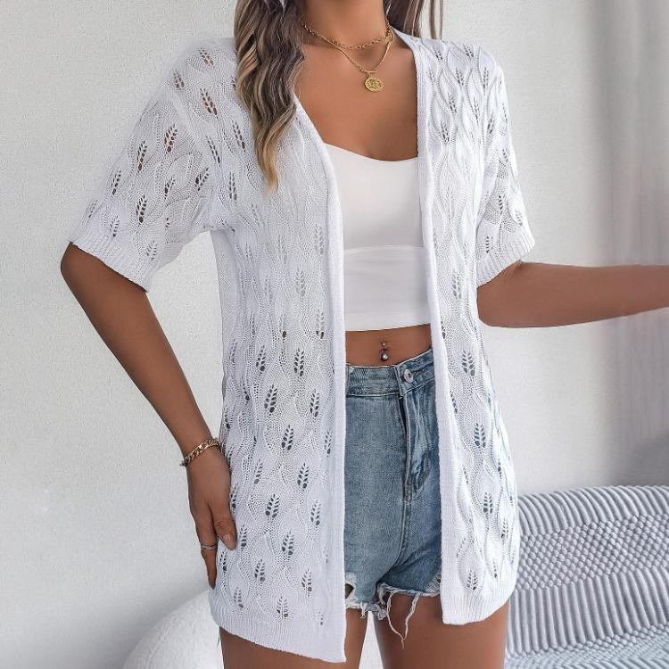 Elegantní dámský volný pletený kardigan s výstřihem do V, jednobarevný kostkovaný svetr, topy na jaro léto