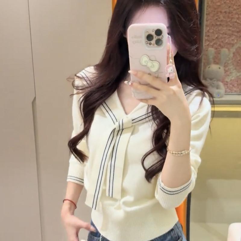 

Autumn Navy Collar Shawl Long Sleeve Women s Knitted Sweater Women s New High-end Inside Skinny Sweater Top one size fits all белый