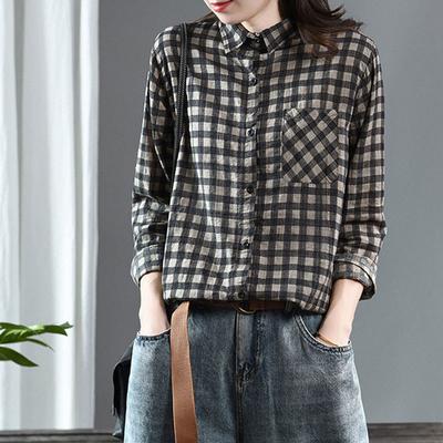 Spring Cotton Linen Vintage Plaid Shirt Patch Pocket Long Sleeve Lapel Breasted Casual Linen Cardigan Top for Women
