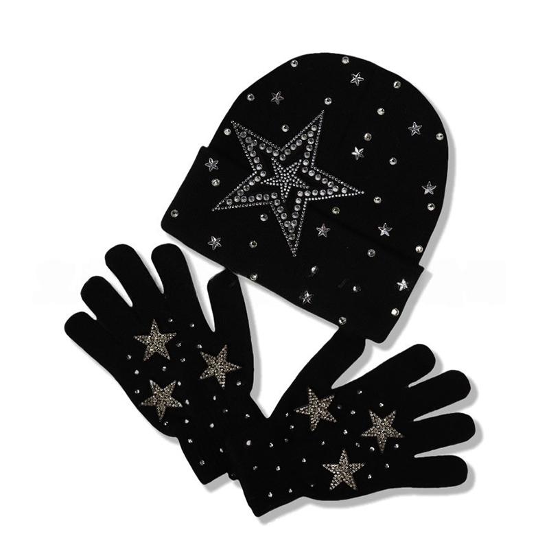 Autumn Winter Knitted Hat And Gloves With Embellished Rhinestones Acrylic Material Warm Fashionable Two-Piece Ensemble