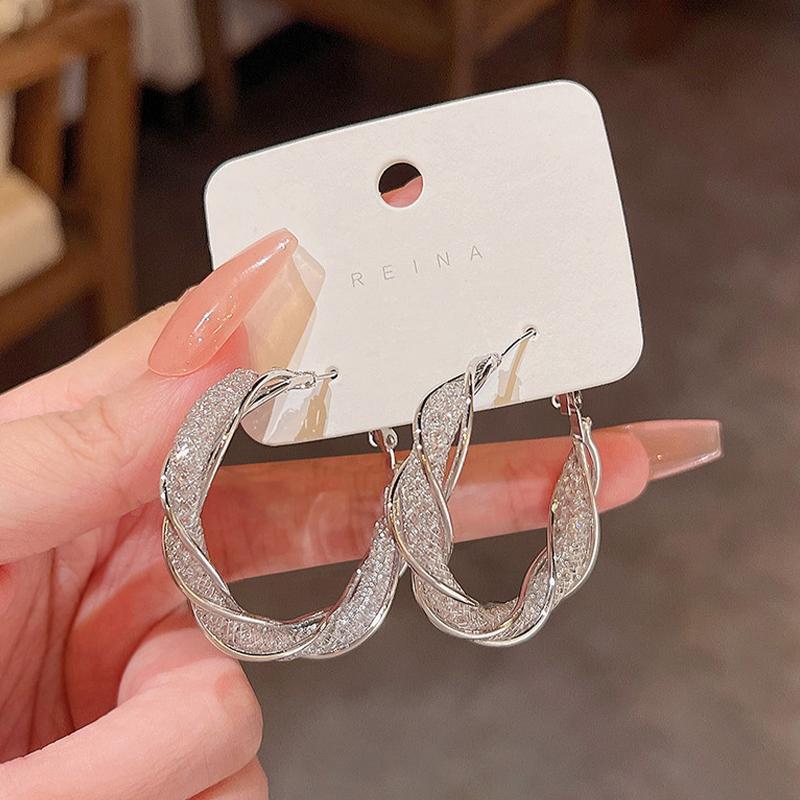 Gold Color Twist Round Earring Fashion Hollow Mesh Crystal Circle Geometric Hoop Earrings For Women Accessories Party Jewelry Gi