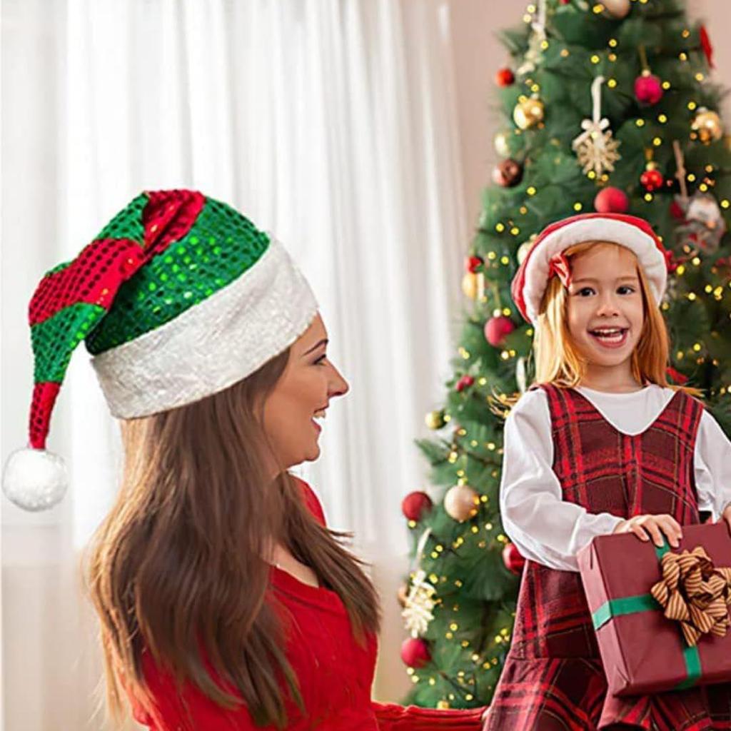 Red & Green Sequin Santa Hat With Plush Ball & Border for Christmas, X-mas Party, Adults - Santa Claus Cap