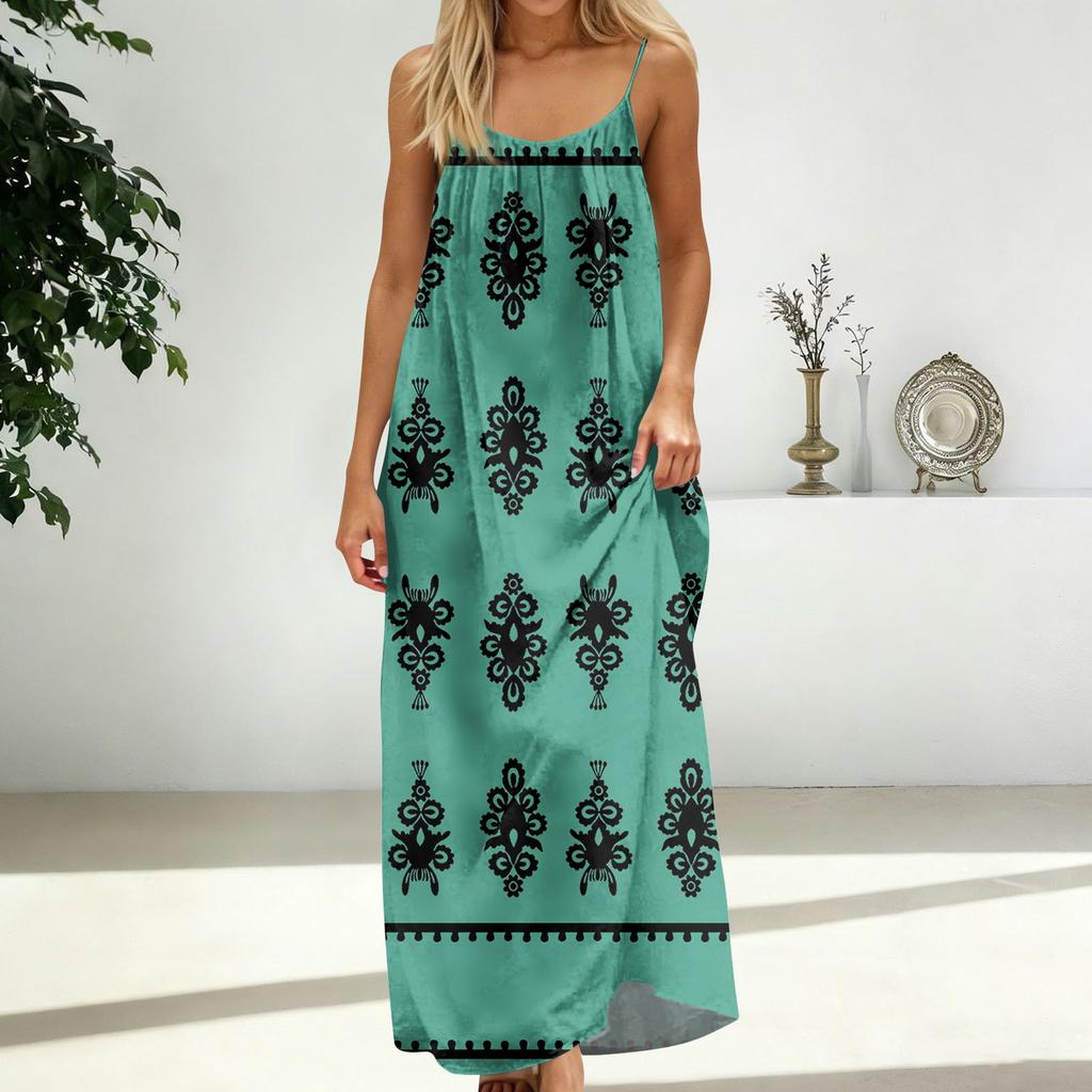 Women's Fashion Backless Spaghetti Strap Casual Loose-Fit Vintage Print Dress