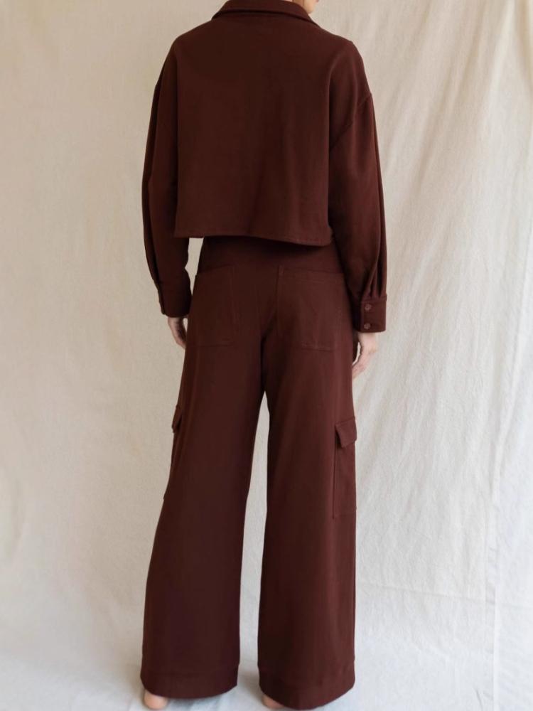 Ladies' Four Seasons Versatile Casual Waist Top with Three Dimensional Pocket Work Pants Retro Two Piece Set