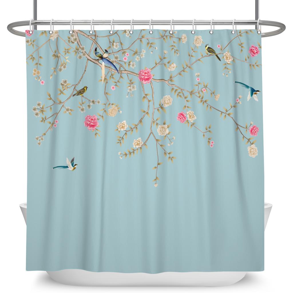 Vintage Bird Flower Shower Curtain with Hooks Artistic Peacock Floral Design Chinese Style Waterproof Polyester Bathroom Curtain
