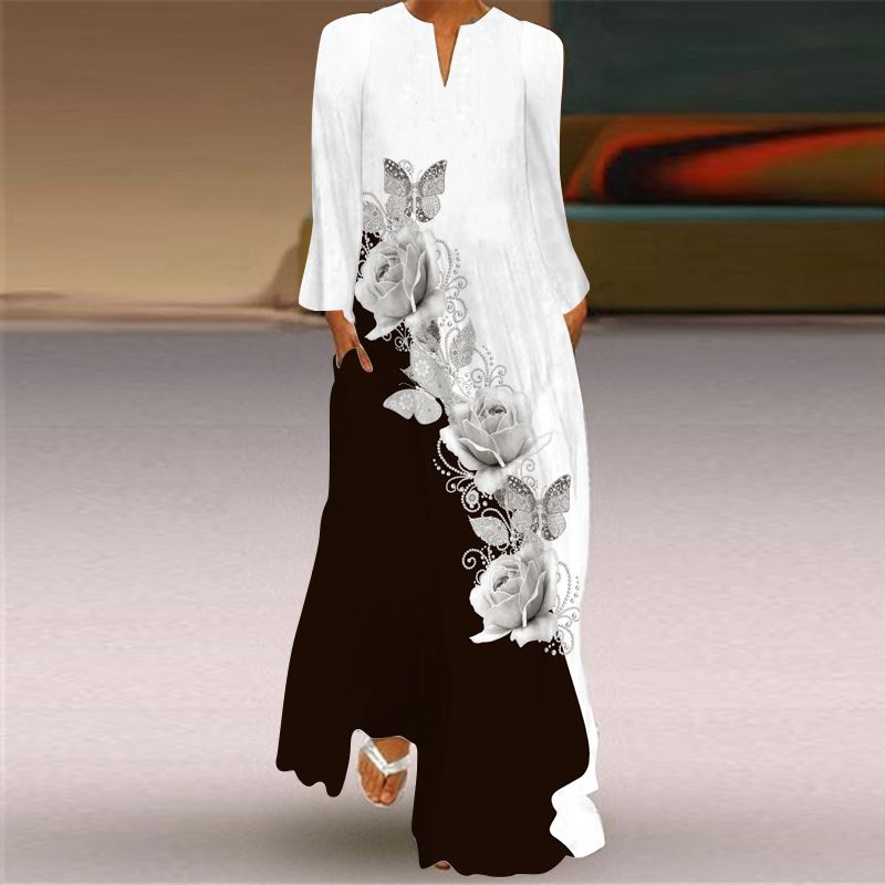 Long Sleeve Dress Classical Beauty Pattern Print Dress Stage Show Performance Wear Travel Photography Clothes