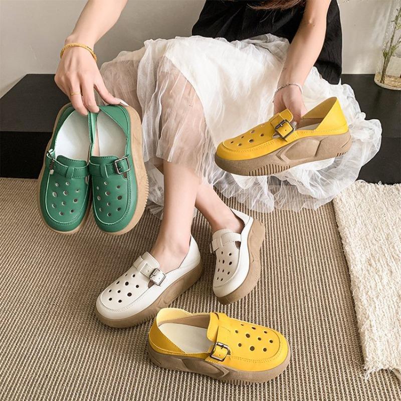Retro Solid Color Hollow Thick-soled Lazy Shoes Summer New Large Size Two Wear Casual Shoes Round Head Mother Shoes Women