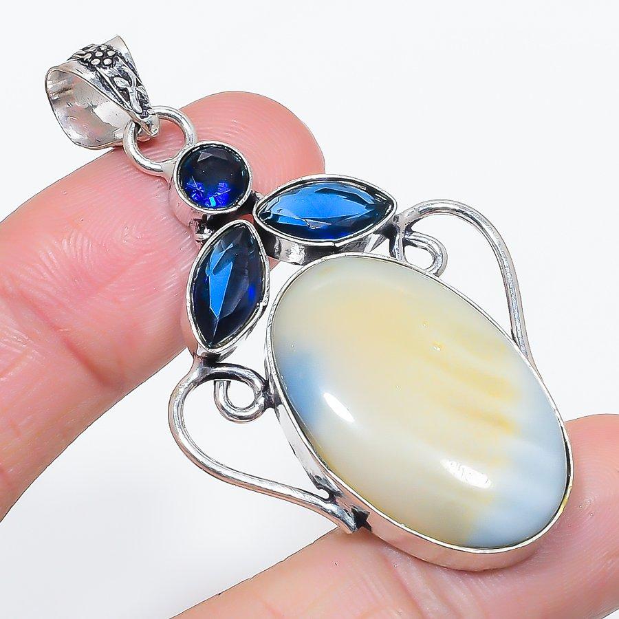 Natural Botswana Agate, Topaz 925 Sterling Silver Jewelry Pendant 2.29" k4W27