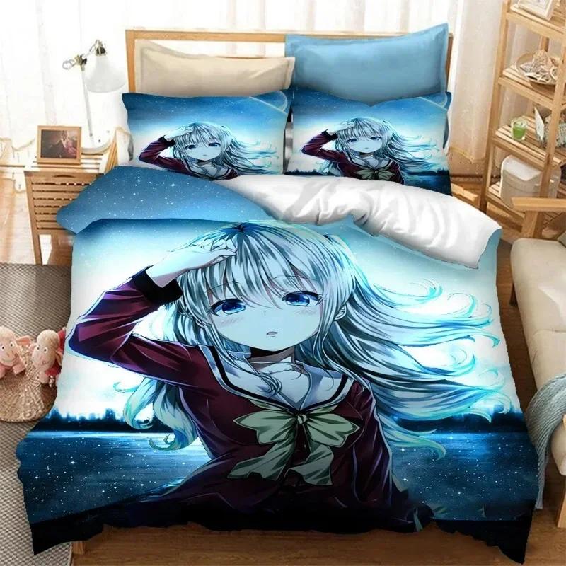 

3D Anime Charlotte Tomori Nao Bedding Set Duvet Cover Sheet Printed Bed Set Pillowcase Full Queen King Size Comforter Bedroom 70x133cm 2pcs