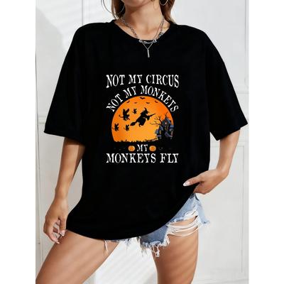 Camiseta Branca Oversized Com Estampa de Abóbora de Halloween Bruxa E Macacos Não é Meu Circo Não são Meus Macacos Meus Macacos Voam Camiseta Gráfica Para Uso Casual