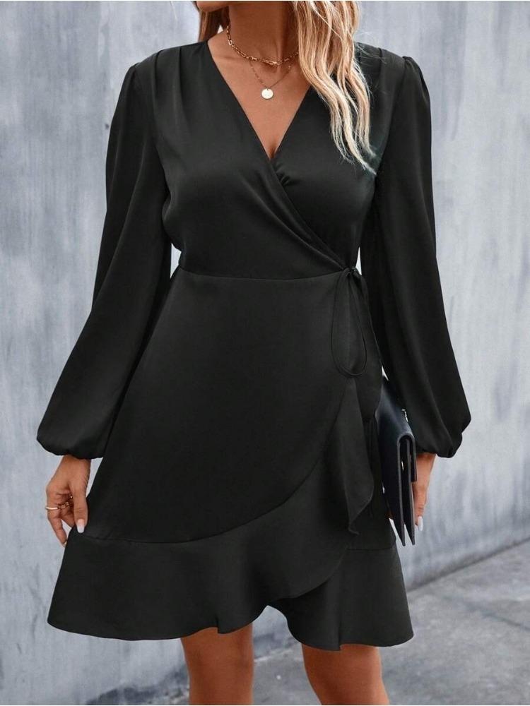 Women's V-neck Dress Satin Waist Cinched Low Cut Casual Mid Length Skirt Sweet Style New Item