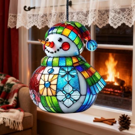 Yousheng Cute Snowman Suncatcher Acrylic Stained Glass Window Hanging Ornament for Christmas Car Indoor Outdoor Decor