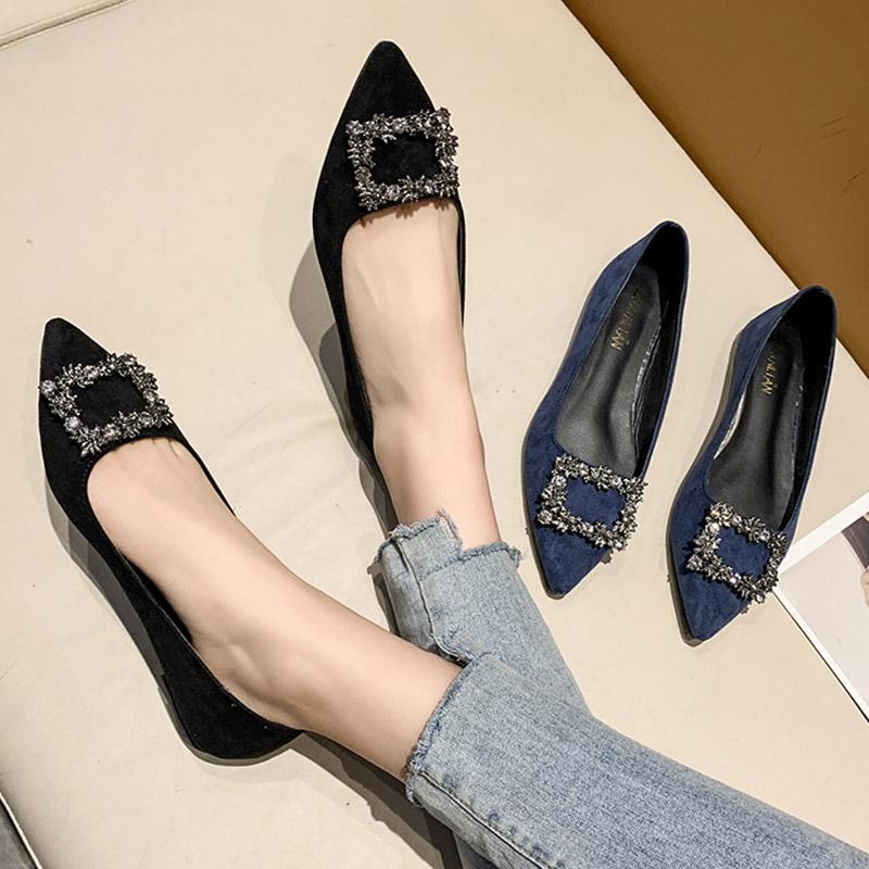 Damen Flache Schuhe mit spitzer Spitze, Bootsschuhe mit Knopf und Kristall, Slipper, flache Schuhe aus Wildlederimitat, bequeme Damenschuhe, Zapatos Mujer