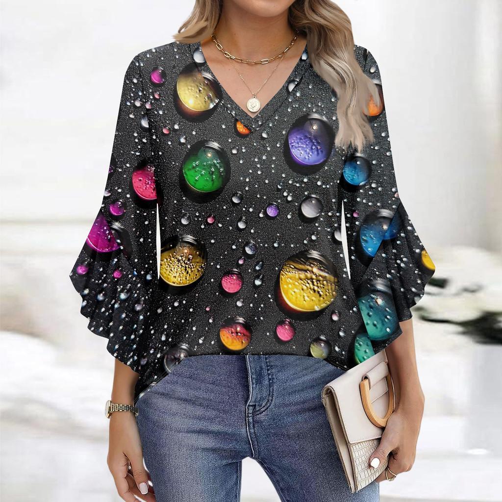 Blouses For Women Dressy Casual 3/4 Length Sleeve Womens Tops V Neck Tshirts Shirts With Flared Sleeve