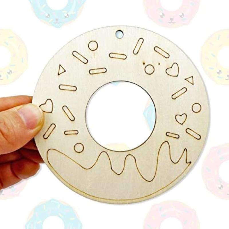 10pcs Unfinished Wood Donuts Wood Cutouts for DIY Crafts Wooden Donuts Shaped Hanging Ornaments with Hole Hemp Ropes Gift Tags