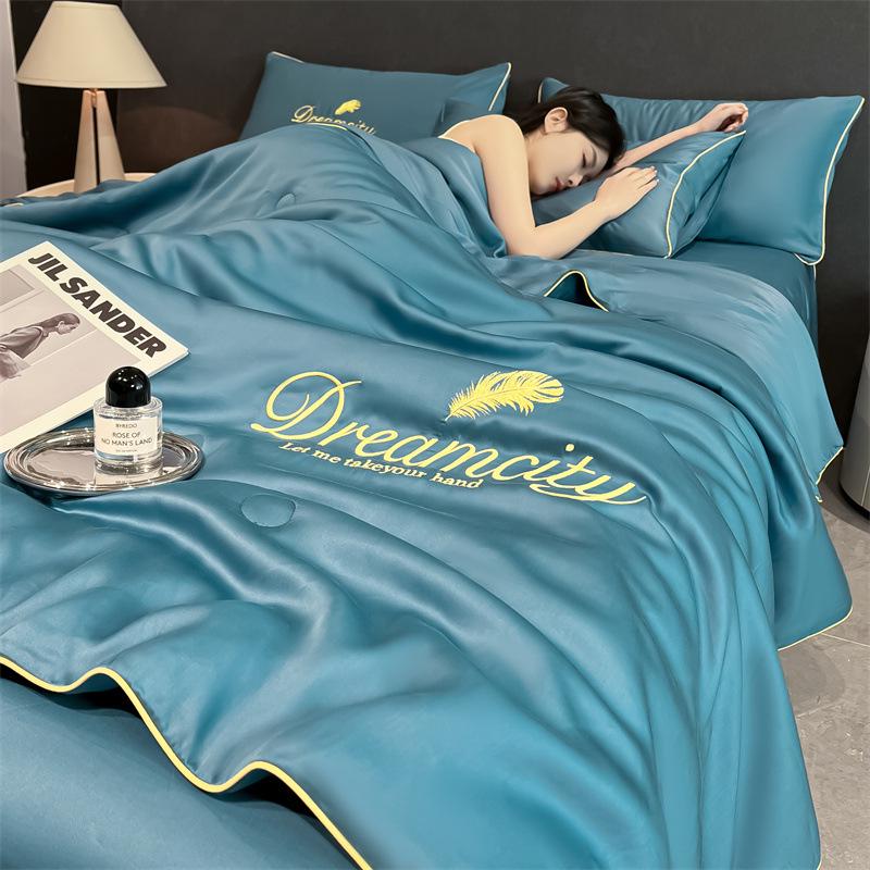Class A Ice Silk Cooling Summer Quilt 4-Piece Set: Lightweight Embroidered Air Conditioning Quilt