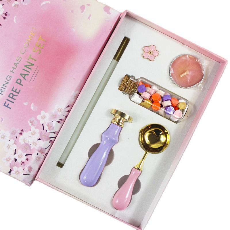 Cherry Blossom Wax Seal Stamp Gift Set: Copper Head, Mixed Color Wax, Spoon & 6-Piece Kit