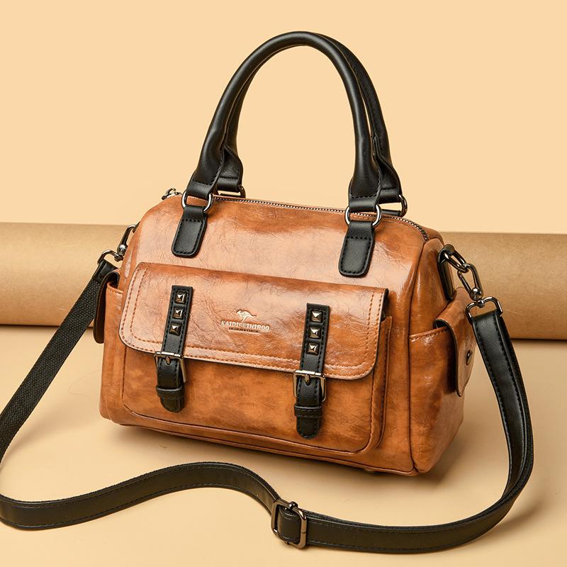 Klasická retro ležérní motocyklová taška s texturou pravé kůže dámská kabelka