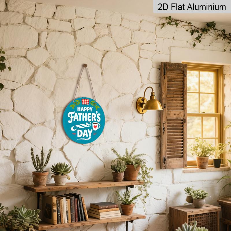 2D Flat, 1pc Round Aluminum "Happy Father's Day" Wall Decor, Retro Coffee & Plaid Pattern Metal Plaque, Waterproof & Rustproof, Perfect for Father's