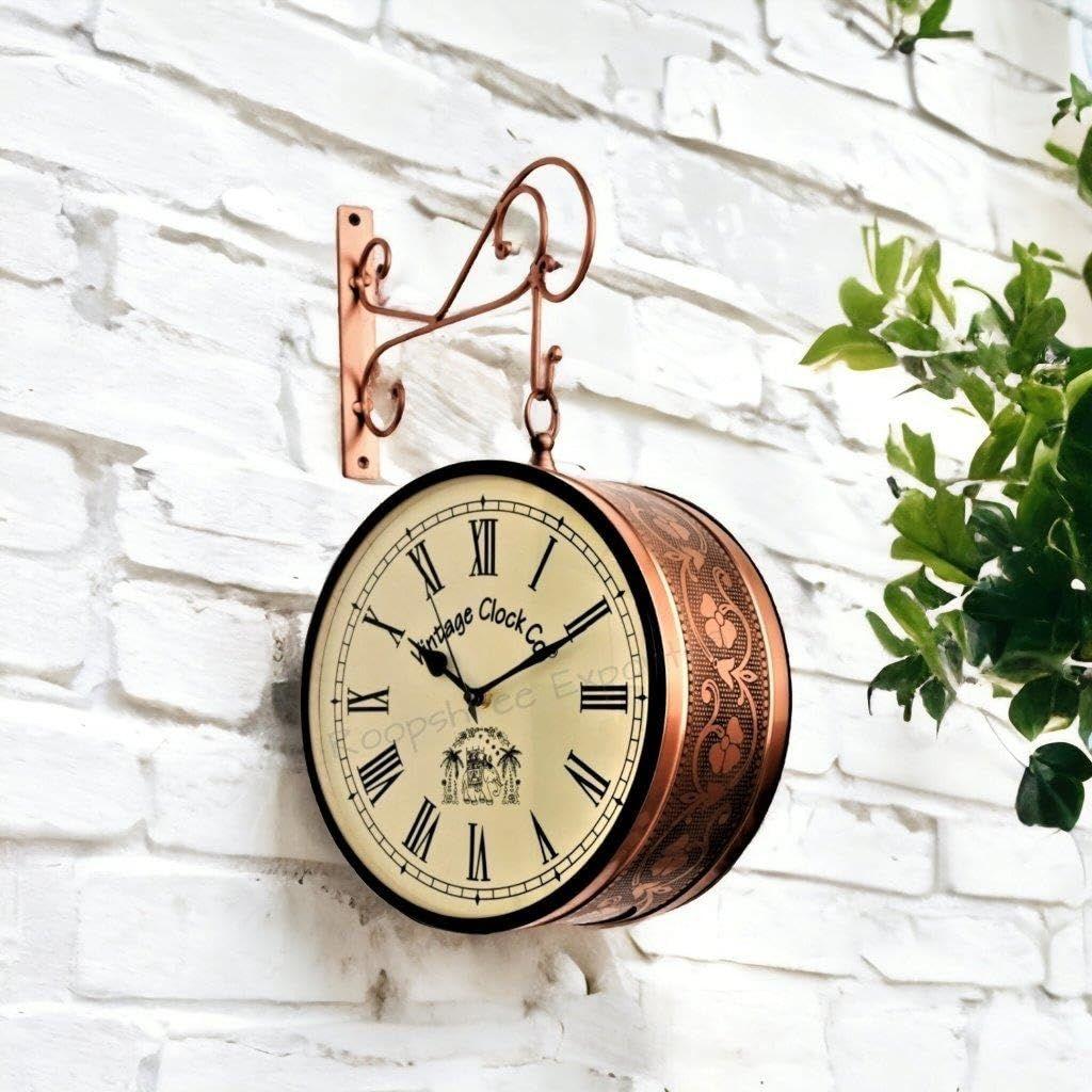 (10 INCH - One Side English Other Roman Numbers) Vintage Clock Iron Handcrafted Double Side Analog Clock , Rose Gold Finish, Floral Design