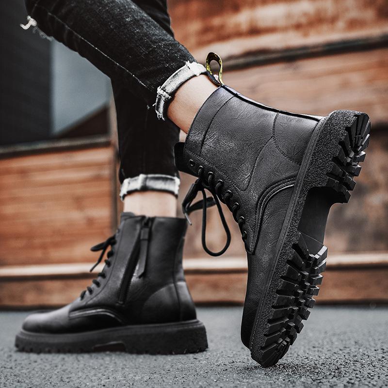 Popular Large-size Hot-selling Autumn and Winter Men's Medium and High-top Velvet Warm Fashion Casual Versatile Leather Martin Boots