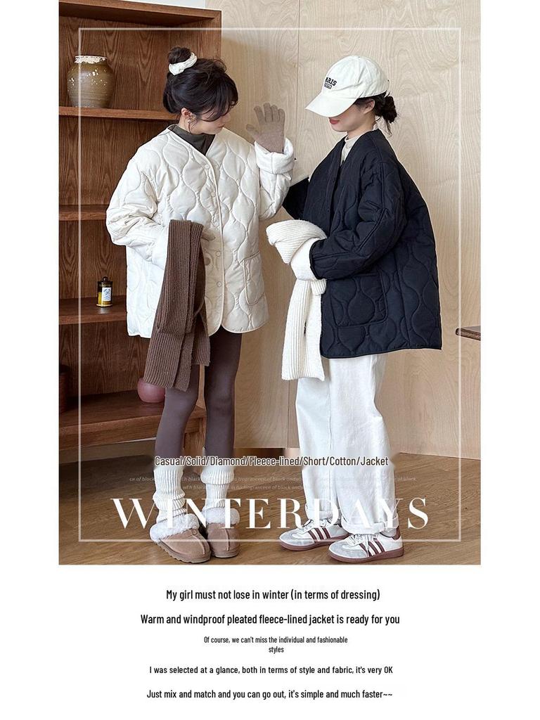 Bomullsjacka för dam i koreansk stil med diamantmönster, kraglös - Kort, sömlös, lättviktig för höst & vinter