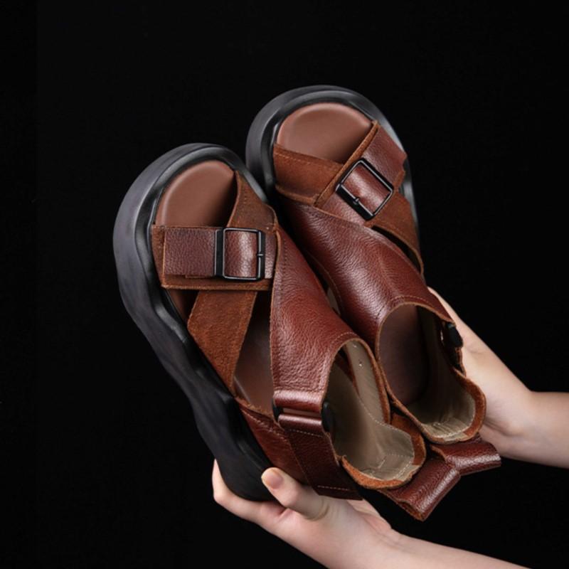 Johnature Genuine Leather Flat Platform Sandals Vintage Peep Toe Thick Soled Women's Shoes
