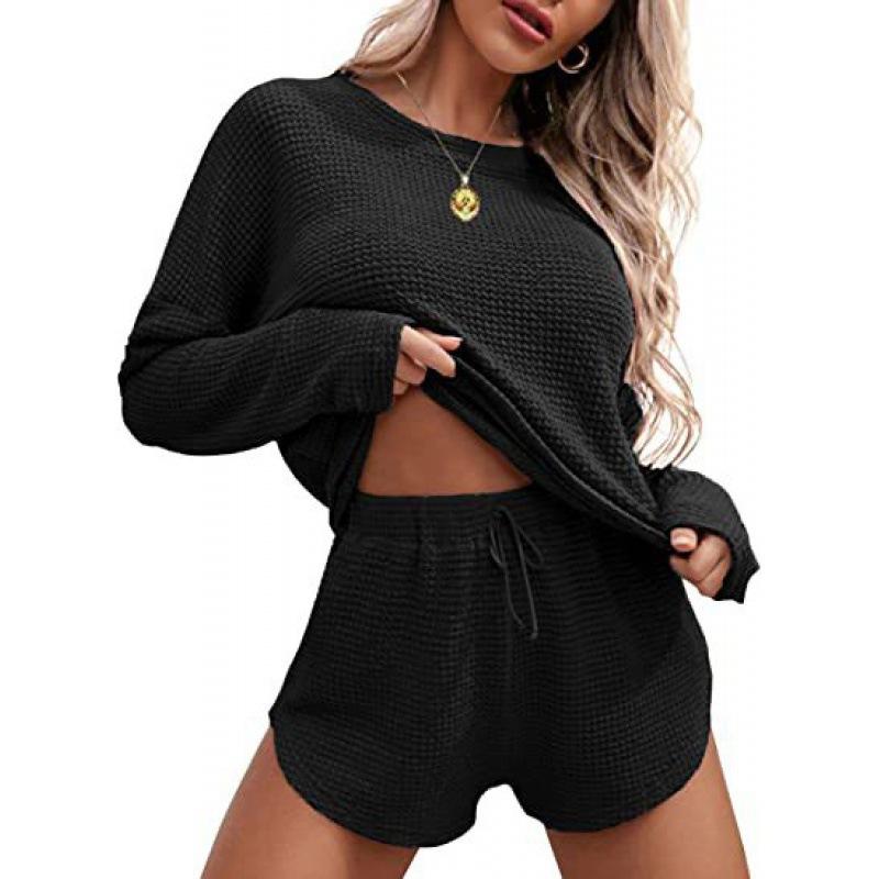 2026 Women Knit Pajama Set, Long Sleeve Top & Shorts, Casual Loungewear Home Sportswear