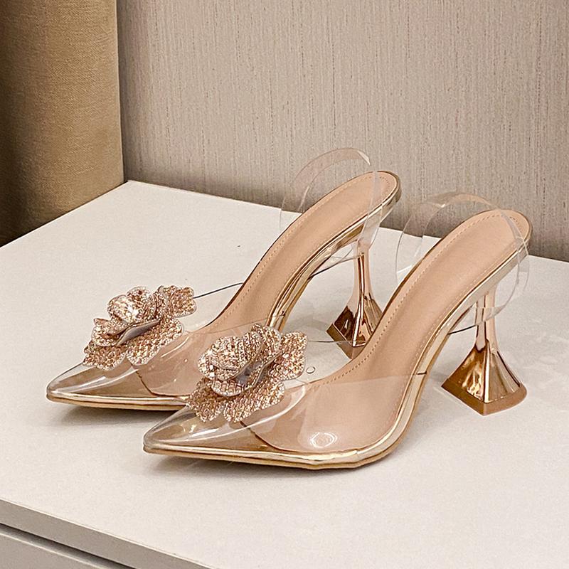 Fashion Liyke Sexy Slingback Sandals Woman Pumps Crystal Rhinestone Flower Pointed Toe Transparent High Heels Wedding Prom Shoes Gold