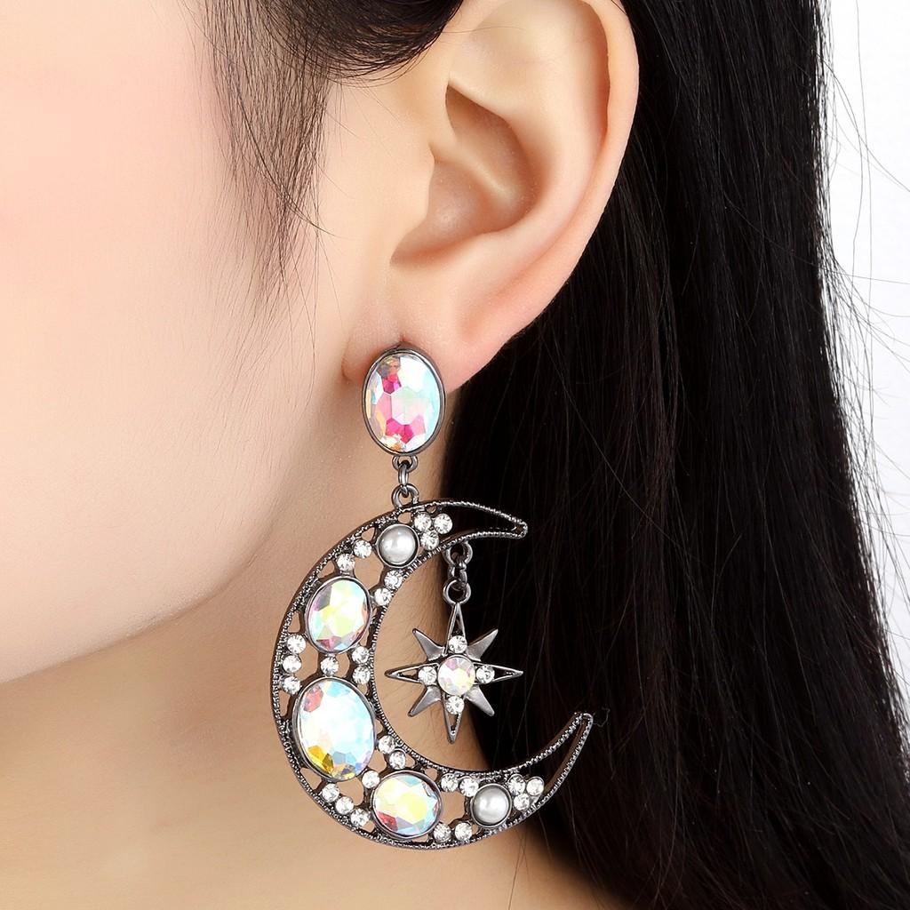 Fashion Crystal Water Drop Earrings With Moon Star Asymmetric Design For Women